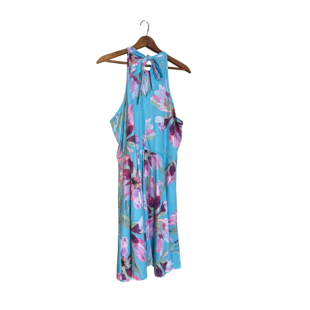 Floral Halter Neck Fit and Flare Dress Turquoise Blue Purple Sleeveless 2XL - Picture 7 of 7